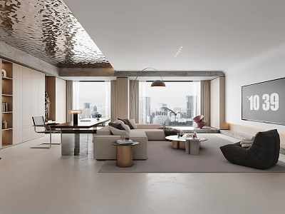 Modern Living Room Interior Design With Sofa Coffee Tables Large Windows And Pendant Light Rug 3d model