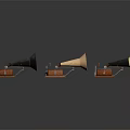 Vintage Phonographs With Wooden Bases Brass Horns And Retro Design