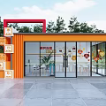 Modern Outdoor Garden Ornament Public Service Kiosk With Bright Orange Exterior And Clear Glass Facade
