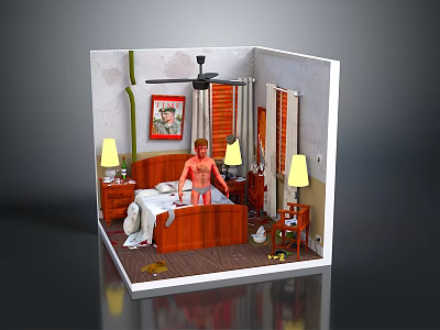 Miniature Bedroom Interior With Bed Table Lamp Ceiling Fan Wall Art And Floor Clutter 3d model