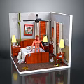 Miniature Bedroom Interior With Bed Table Lamp Ceiling Fan Wall Art And Floor Clutter