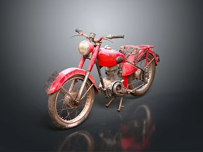 Vintage Red Classic Motorcycle With Rustic Metal Body Old Wheels And Retro Styling 3d model