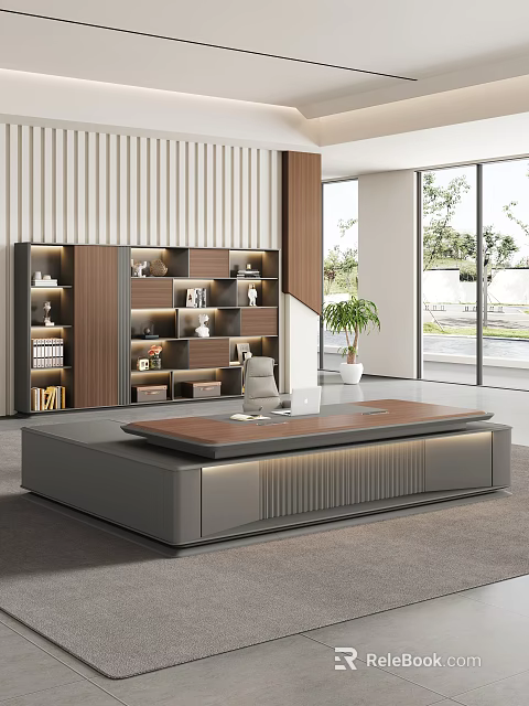 Modern Office Desk With Wooden Top And Gray Base Near Bookshelf And Potted Plant 3d model 