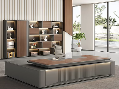 Modern Office Desk With Wooden Top And Gray Base Near Bookshelf And Potted Plant 3d model