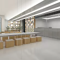 Modern Bright Public Space With Bookshelves Long Table Wooden Stools Windows And Plant