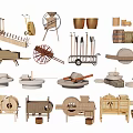 Traditional Wooden Industrial Equipment With Hand Carts Windmills Grinding Tools And Barrels