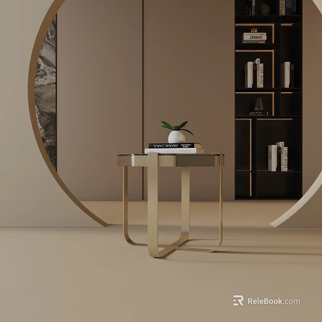 Modern Elegant Side Table With Golden Metal Frame Marble Top And Green Plant 3d model 