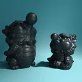 Decorative Ornament Set Featuring Black Dragon Figurines And Castle Model With Spherical Details