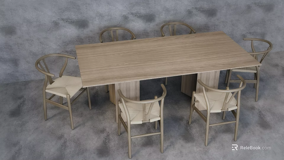 Simple Modern Dining Chairs With Light Padded Seats Around Wooden Dining Table 3d model 