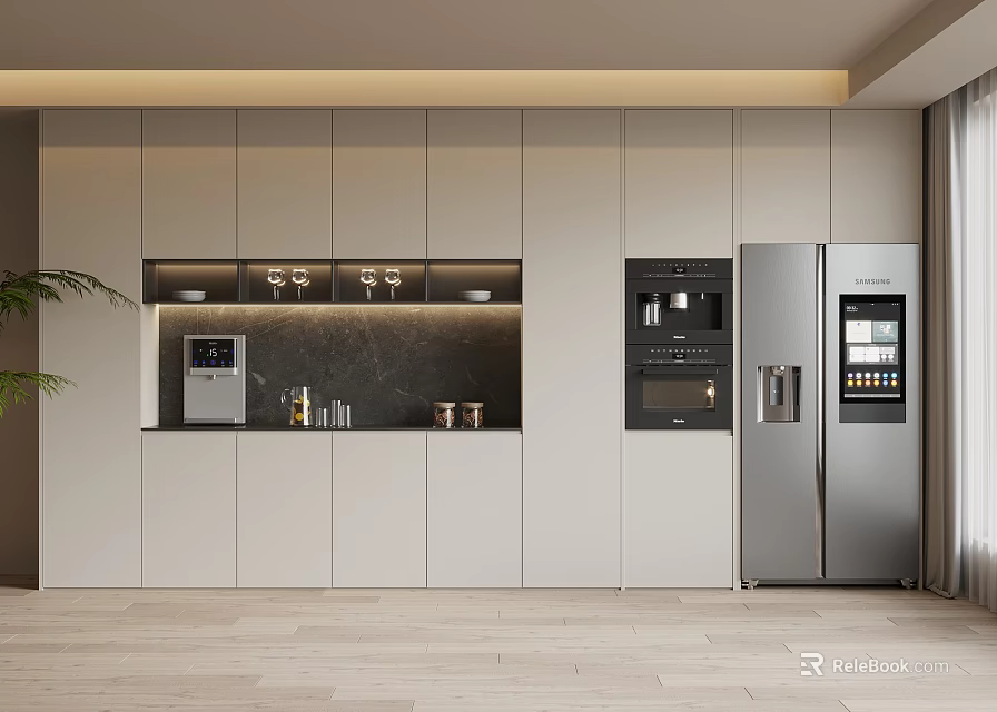 Modern Open Kitchen Wine Cabinet Design With Integrated Lighting And Black Countertop 3d model 