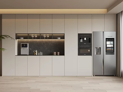 Modern Open Kitchen Wine Cabinet Design With Integrated Lighting And Black Countertop 3d model