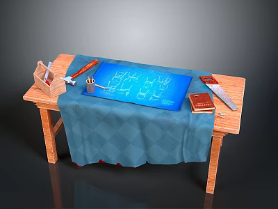 Wooden Workbench With Blue Cloth Design Blueprint And Tools Hammer Pencil Tape Measure Book Ruler 3d model