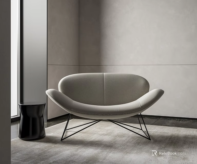 Stylish Lounge Chair With Curved Design Black Metal Legs And Black Side Table On Gray Rug 3d model 