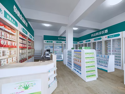 Modern Pharmacy Store Interior Design With Shelves Medicines And Service Counter 3d model