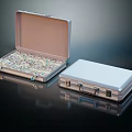 Silver Metallic Suitcase Open Filled With Dollar Bills And Closed Briefcase On Dark Surface 3d model