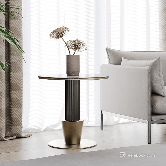 Modern Round Side Table With Marble Top Gold Black Metal Base Sofa Curtains And Plant 3d model 