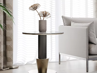 Modern Round Side Table With Marble Top Gold Black Metal Base Sofa Curtains And Plant 3d model