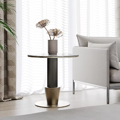 Modern Round Side Table With Marble Top Gold Black Metal Base Sofa Curtains And Plant 3d model