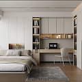 Modern Tatami Bedroom Interior With Platform Bed Built in Desk And Bookshelf