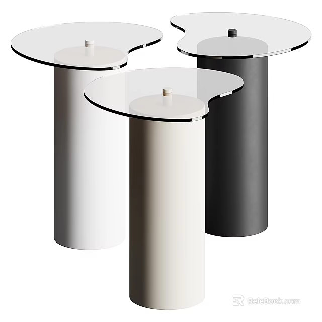 Modern Stylish Side Tables With Glass Tops And Cylindrical Bases In White Beige Black 3d model 