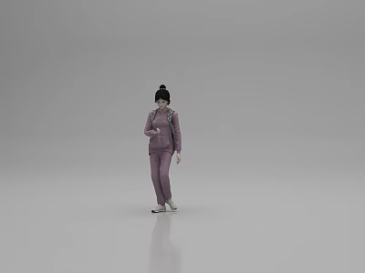 Woman in Purple Outfit Standing with Bun Hairstyle on Gray Background 3d model