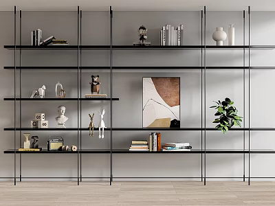 Modern Metal Shelving Unit with Decorative Items Books Artwork and Potted Plant 3d model