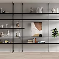 Modern Metal Shelving Unit with Decorative Items Books Artwork and Potted Plant