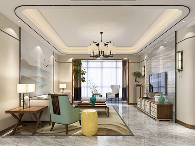 Chinese Style Living Room Interior Design With Chandelier Sofa Coffee Table And TV Unit 3d model