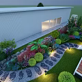 Tea Stream Garden Landscape with Pavilion Deer Sculptures Round Lights and Greenery