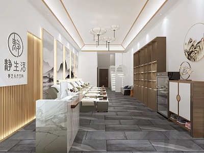 Serene Elegant Modern Club Interior With Marble Reception Counter Sofa Seats And Wooden Cabinets 3d model