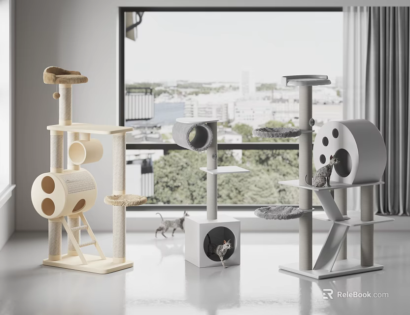 Modern Cat Trees In Different Designs With Multi Level Platforms And Scratching Posts 3d model 