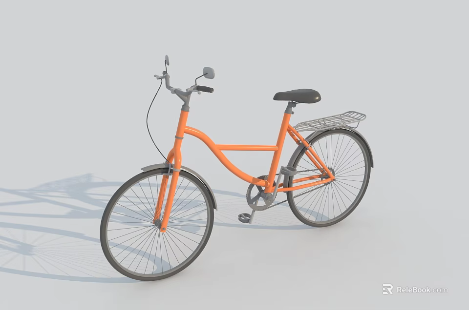 Orange Commuter Bicycle With Black Seat And Rear Metal Basket 3d model 