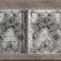 Modern Square Rugs with Grid and Diamond Patterns and Fringed Edges on Wooden Floor