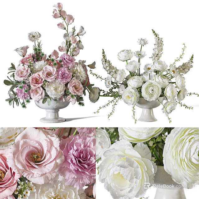 Ceramic Vases With Pink White Roses Peonies And Lush Green Leaves 3d model 
