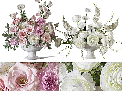 Ceramic Vases With Pink White Roses Peonies And Lush Green Leaves 3d model