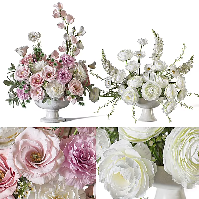 Ceramic Vases With Pink White Roses Peonies And Lush Green Leaves 3d model