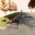 Brown Metal Frame Landscape Seats Along Gray Stone Path With Autumn Orange Trees And Lawn