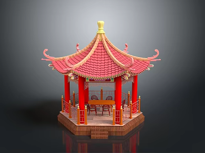 Traditional Chinese Hexagonal Pavilion With Red Roof Golden Ornament And Red Columns 3d model