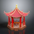 Traditional Chinese Hexagonal Pavilion With Red Roof Golden Ornament And Red Columns