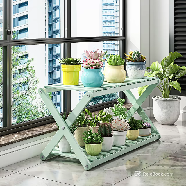 Green Multi Tiered Plant Stand With Colorful Potted Succulents By Window Sill 3d model 