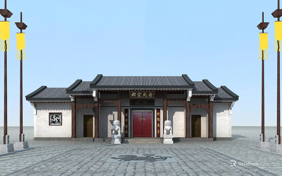 Traditional Chinese Ancient Architecture With Red Gate Stone Lions Traditional Roof White Walls And Front Stone Pavement 3d model 