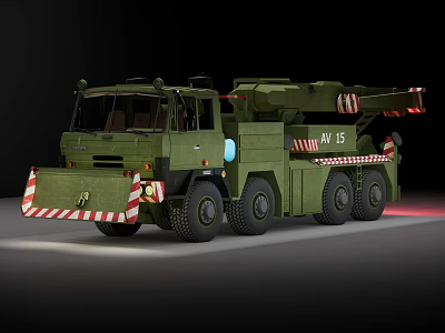 Green Military Style Heavy Duty Utility Vehicle with Crane and Warning Stripes 3d model