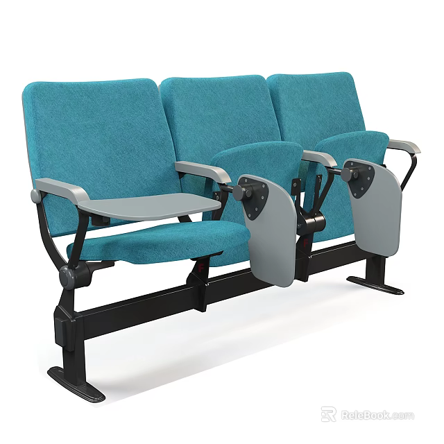 Blue Public Seating with Connected Design Armrests and Foldable Tray Tables 3d model