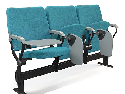 Blue Public Seating with Connected Design Armrests and Foldable Tray Tables 3d model