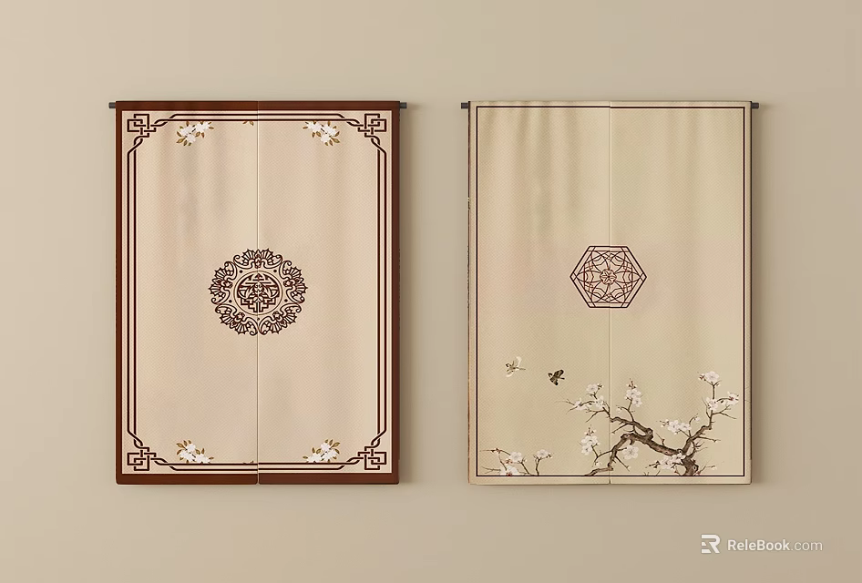 Traditional Style Curtains With Brown Frame Circular Hexagonal Patterns And Plum Blossom Birds 3d model 