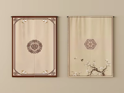 Traditional Style Curtains With Brown Frame Circular Hexagonal Patterns And Plum Blossom Birds 3d model
