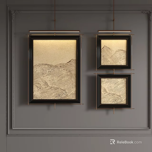 Abstract Paintings With Black Frames Hung On Gray Wall Featuring Textured Lines 3d model