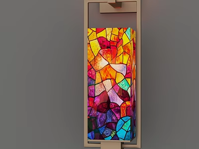 Colorful Stained Glass Wall Sconce With Wooden Frame And Warm Illumination 3d model