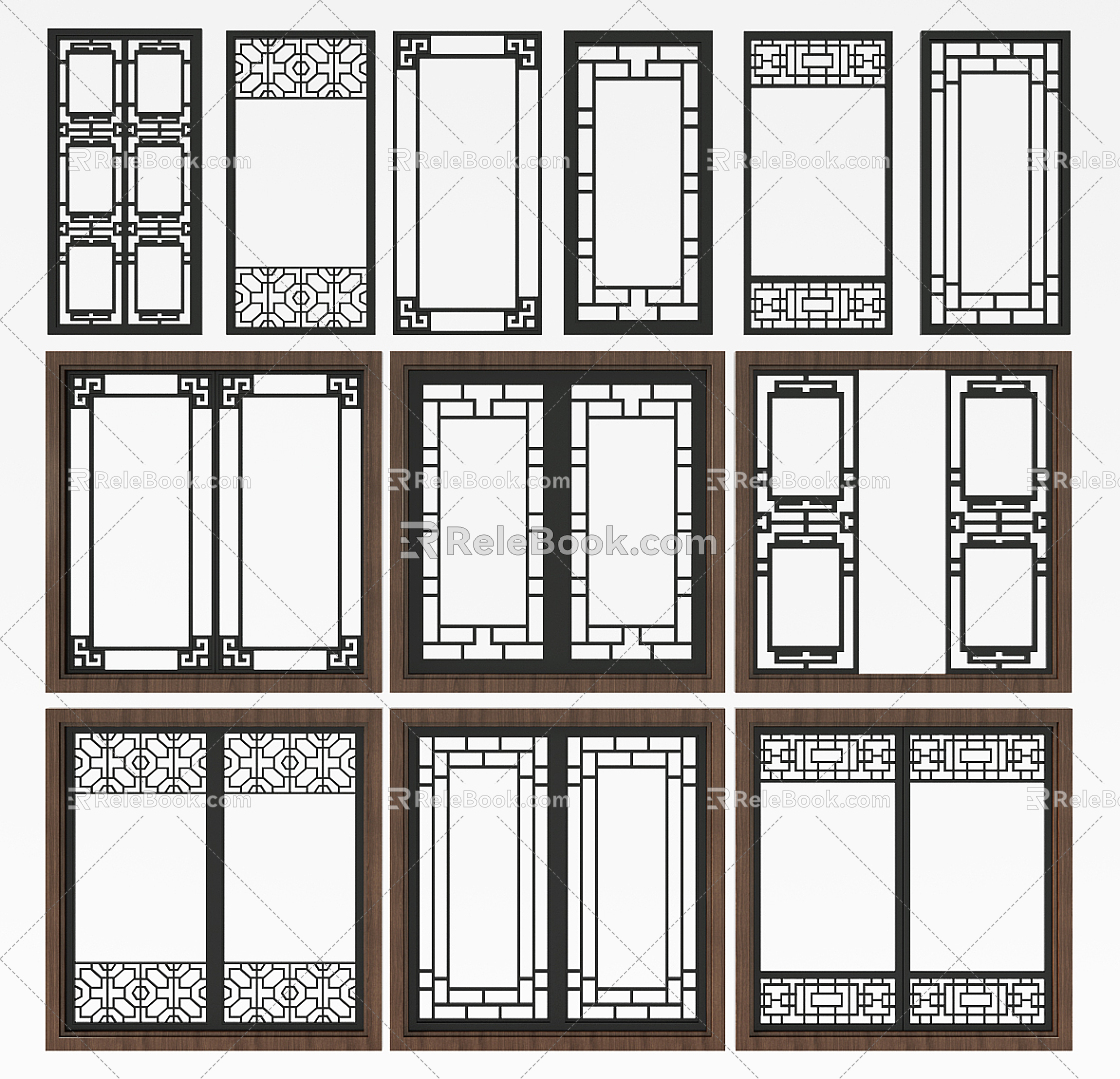 New Chinese style casement window window sliding door combination 3d model