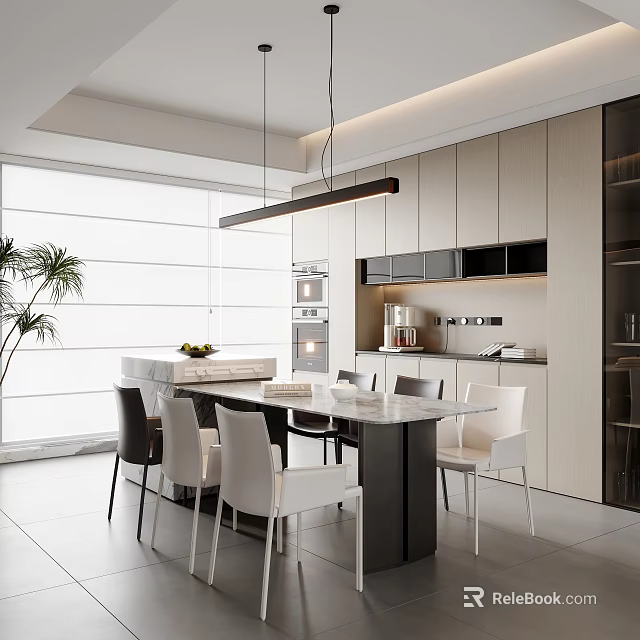 Modern Restaurant Interior Design With Dining Table Chairs Cabinets Pendant Light And Window Plant 3d model 